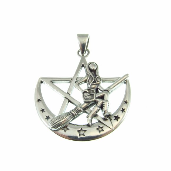 Solid 925 Sterling Silver Salem Witch on Broom Crescent Moon Pentagram Pendant - Picture 4 of 9